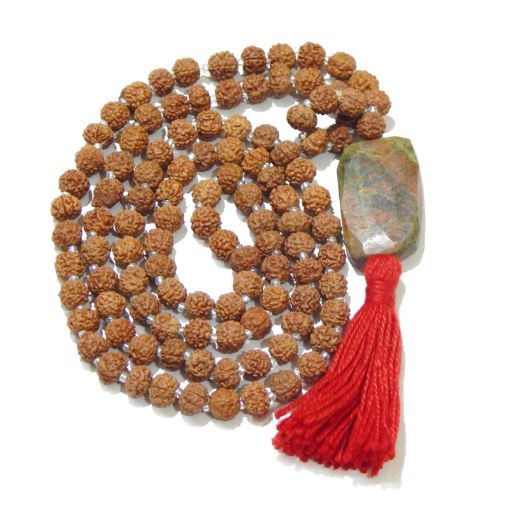 Rudraksha Mala with Unakite Pendant