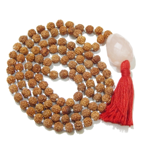 Rudraksha Mala with Rose Quartz Pendant