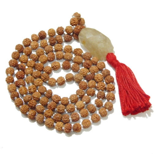 Rudraksha Mala with Golden Rutile Pendant